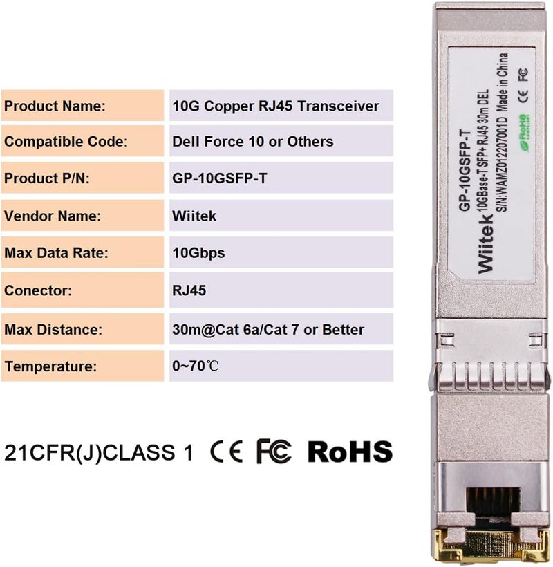 Wiitek 10G SFP+ to RJ45 Copper Modules, 1.25G/2.5G/5G/10GBase-T Ethernet Copper to SFP+ Transceiver Compatible for Dell Force 10 and Others GP-10GSFP-T(Cat 6a/7 or Better, 30-Meter) - Image 3